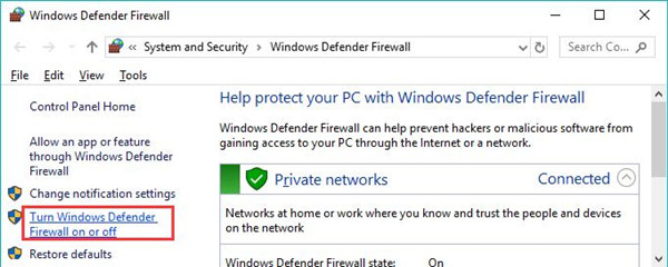 turn windows defender firewall on or off