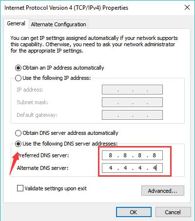 use the following dns server addresses