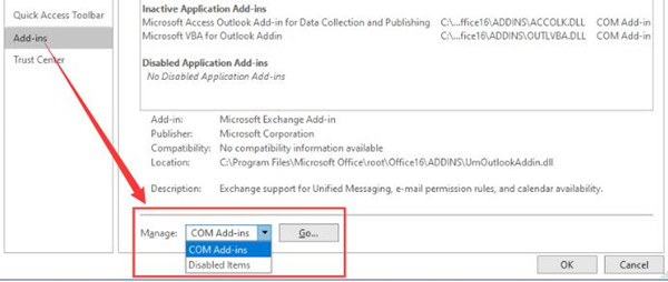 com add ins in outlook options