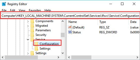 configuration in registry editor