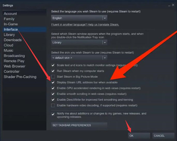 display steam url address bar when available