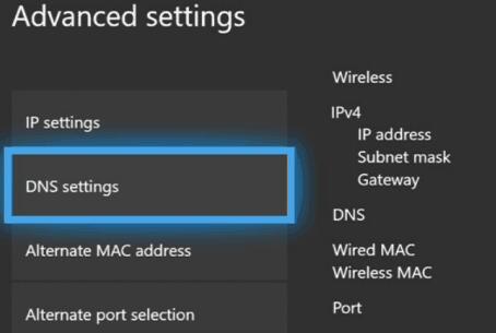 dns settings under advanced settings in xbox console