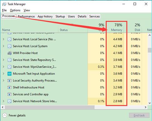 memory resource usage in task manager