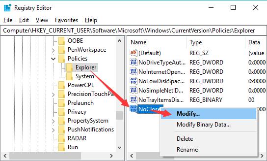 modify value data of noclose