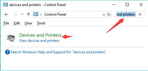 search devices and printers in the search box of control panel