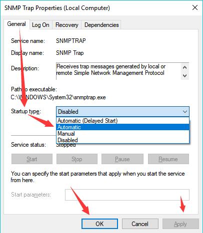 set snmp trap service automatic