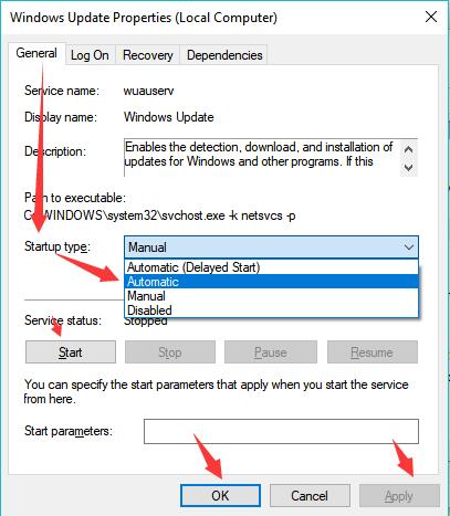 set windows update service automatic