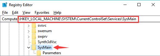 sysmain in registry editor