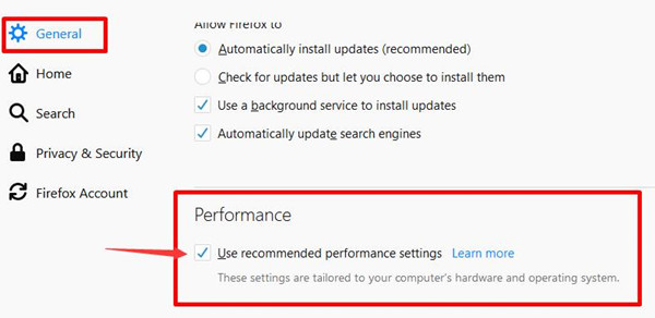 uncheck use recommended performance settings