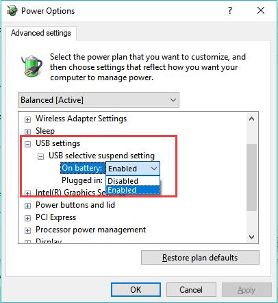 usb selective suspend settings select