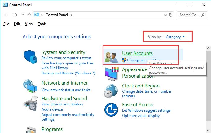 user accounts in control panel