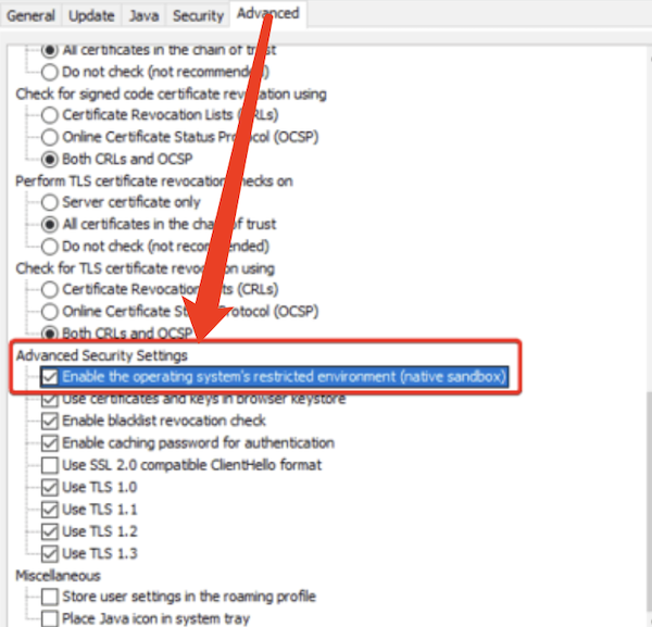 enable java natie sandbox