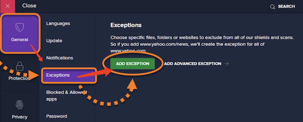 add exception on avast