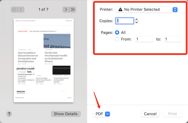 convert web page to pdf on safari