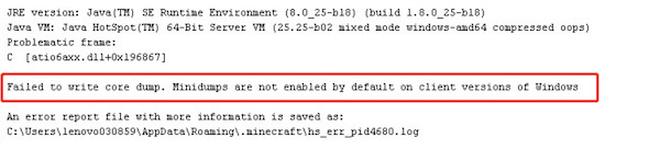 minecraft error failed to write core dump