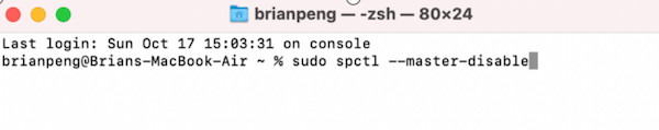 sudo spctl master disable