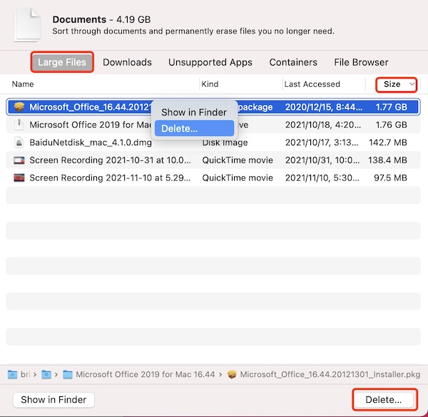 delete large files on mac