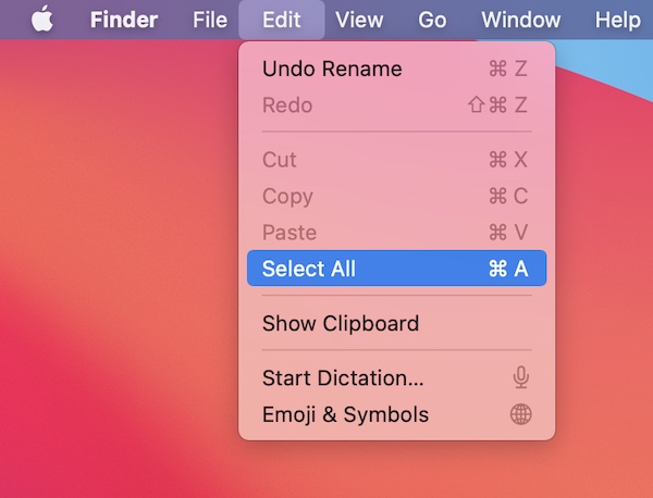 finder menu edit select all