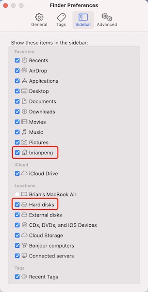 finder show users and hard disk