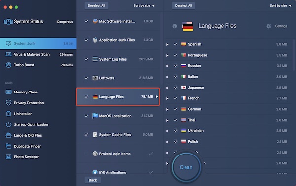 mac booster delete unused language files