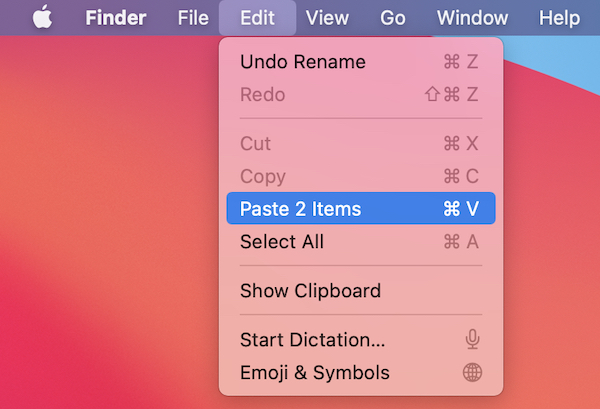 menu bar edit paste items