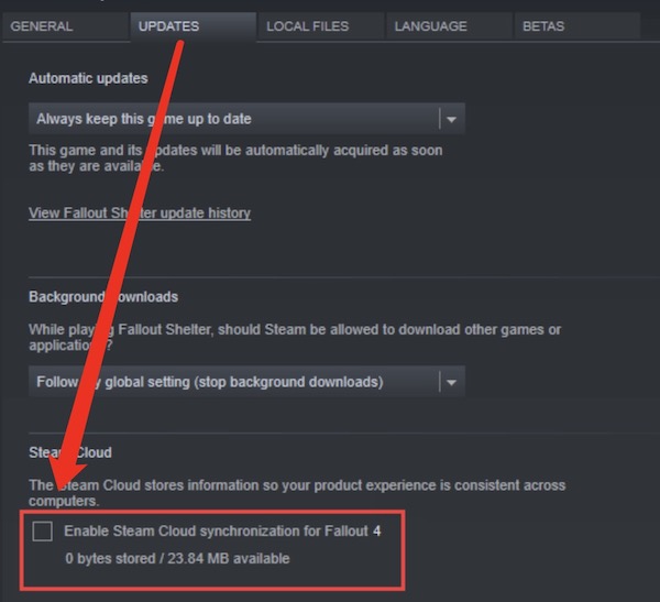 enable steam cloud synchronization for fallout 4