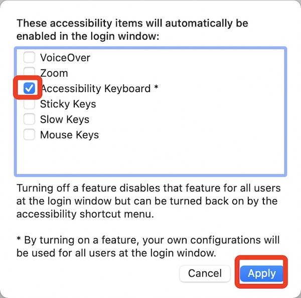 login window check accessibility keyboard