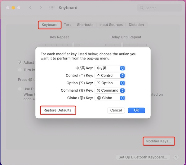 restore mac keyboard to factory settings