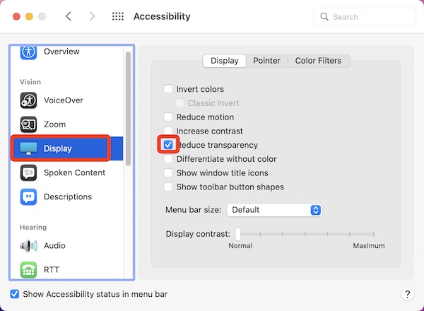 accessibility display reduce transparency