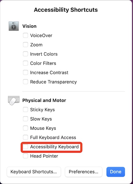 accessibility shortcuts select accessibility keyboard