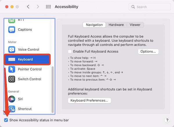keyboard show accessibility status in menu bar