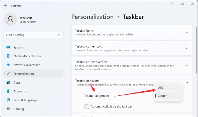 adjust taskbar alignment location