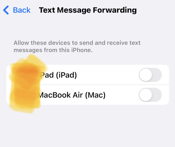 allow text message forwarding on macbook air