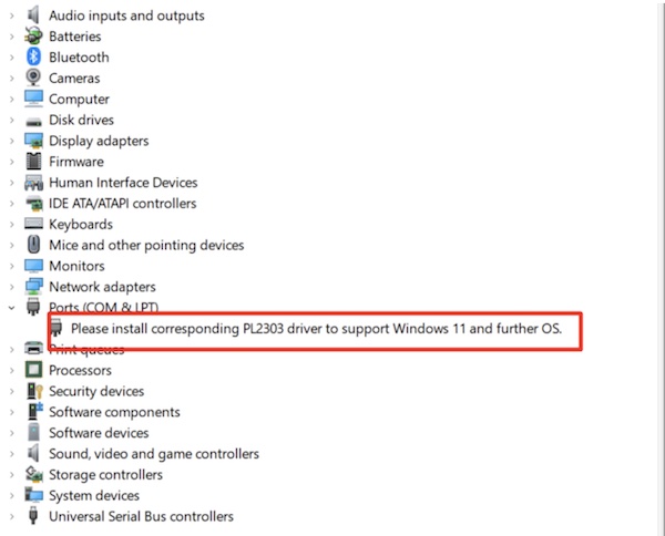 please install corresponding pl2303 driver to support windows 11