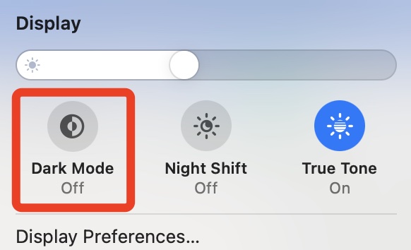 dark mode on from control center