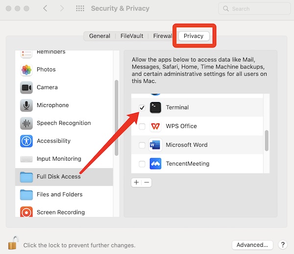 enable full disk access in privacy