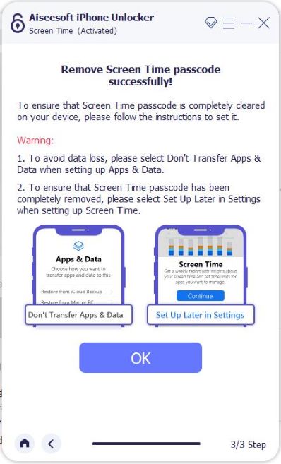 aiseesoft iphone unlocker screen time passcode remove success