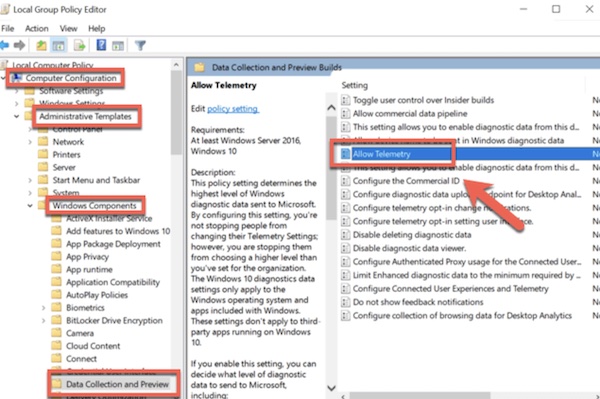 allow telemetry in local group policy editor