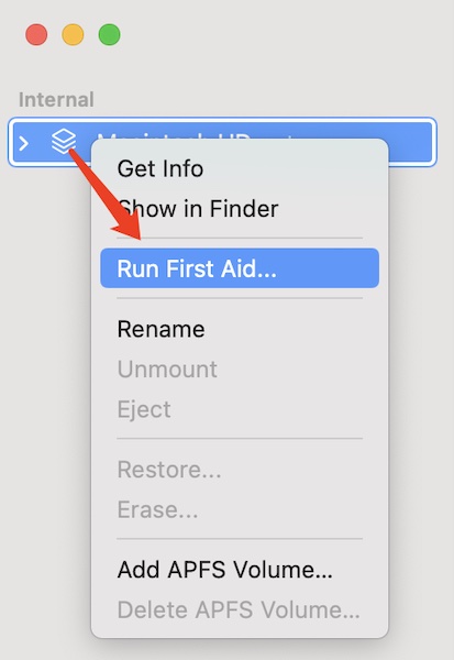 run first aid in disk utility