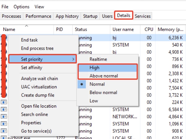 set high priority in task manager