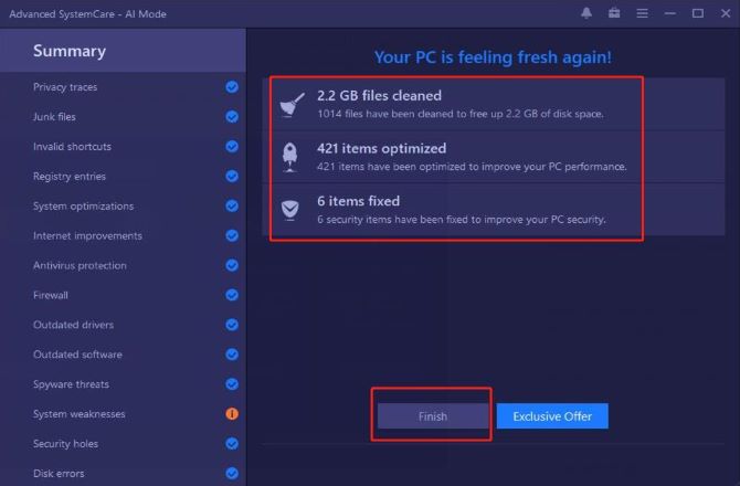advanced system care 15 ai mode scan fix finished