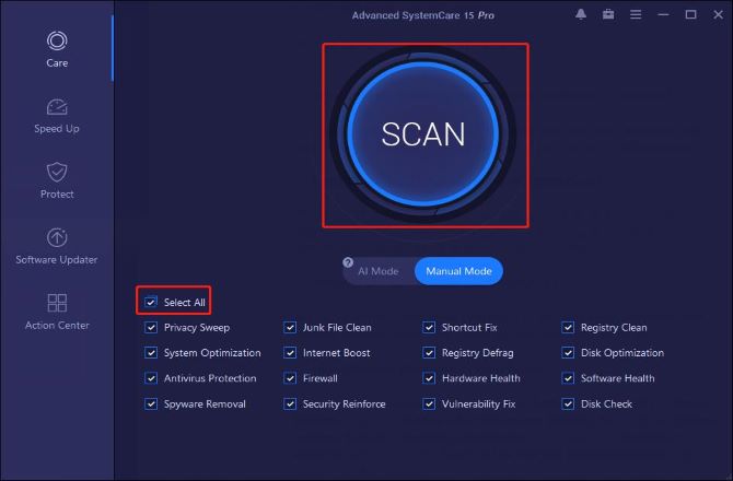 advanced system care 15 manual mode scan all