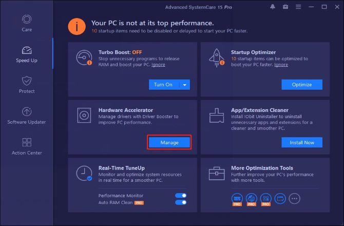 advanced system care 15 speed up manage hardware accelerator