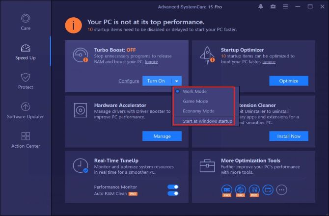 advanced system care 15 speed up turbo boost change mode