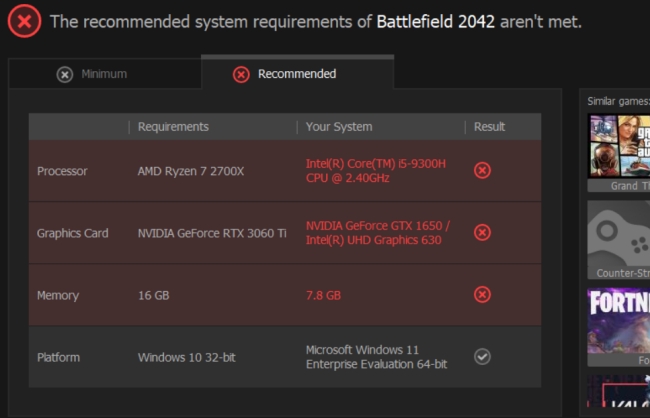 compare your pc and battlefield recommended specs