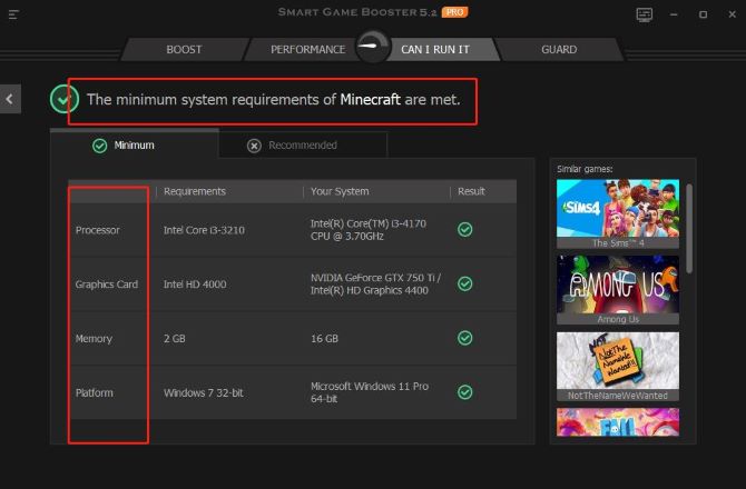compare your pc and minecraft minimum requirements