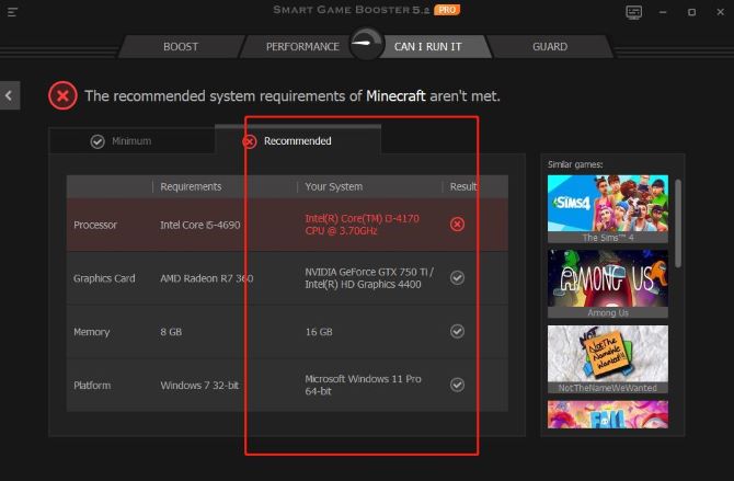 compare your pc and minecraft recommended requirements