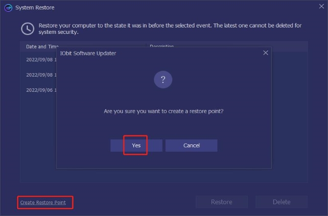 iobit software updater system restore create restore point