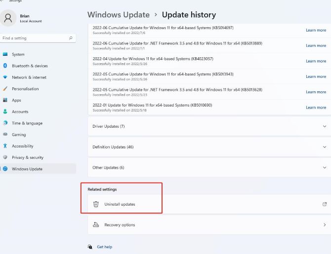 windows uninstall updates