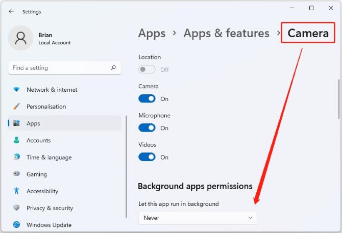 optimize windows 11 apps features camera click never